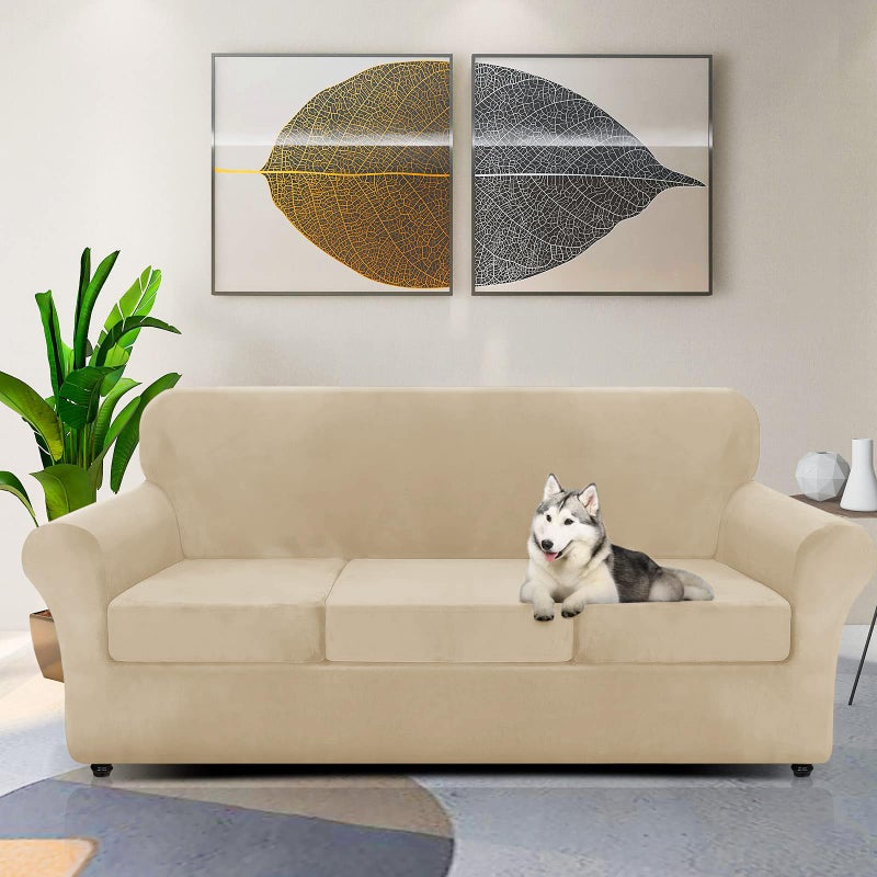 ZNSAYOTX Luxury Velvet Couch Cover 4 Piece (72"-92") Stretch Sofa Covers for 3 Cushion Couch Thick Soft Sofa Slipcover with Non Slip Strap, Dog Pet Friendly Nice Furniture Protector (Camel) - Image 3